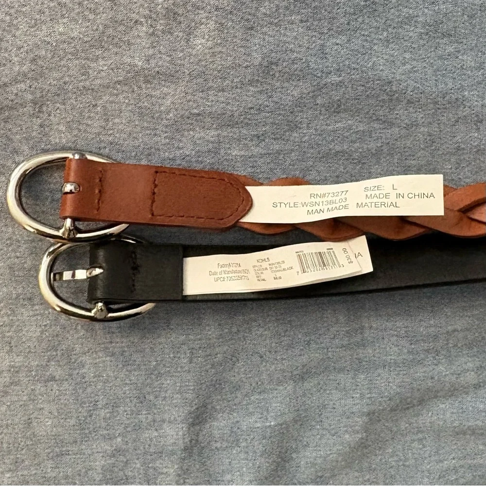 Pair of Thin Belts Braided Brown and Black Faux Leather with Silver Buckles